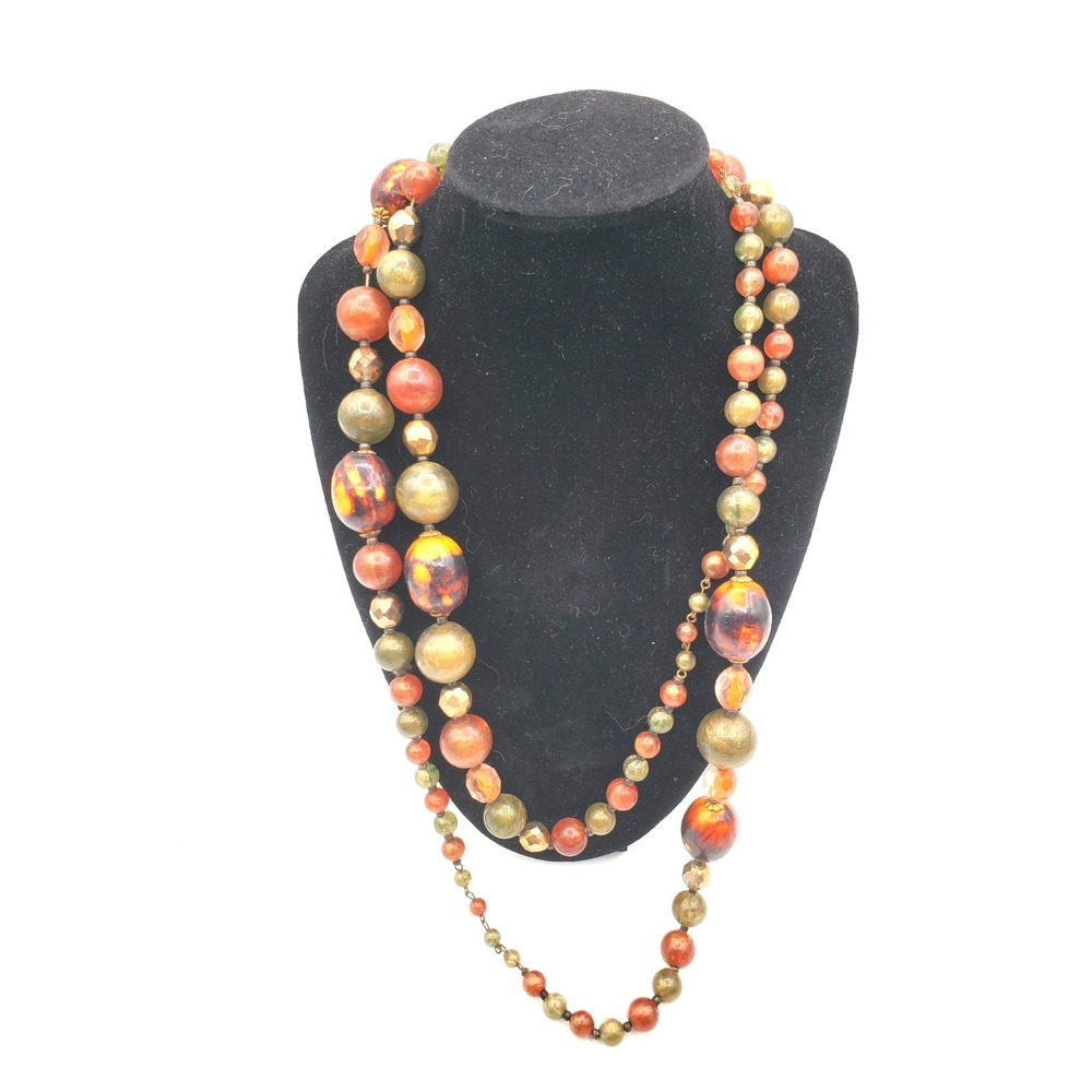 Vintage Multi Color Earth Tone Acrylic Flapper Bead 48" Necklace